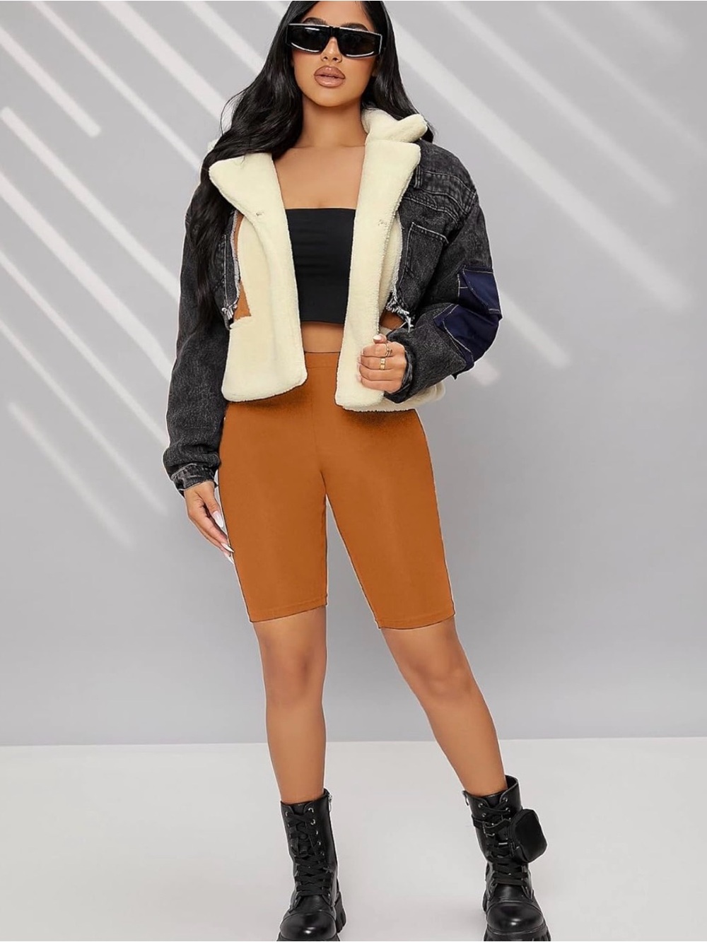 Cropped Black Sherpa-Lined Denim Jacket with Cream Sherpa